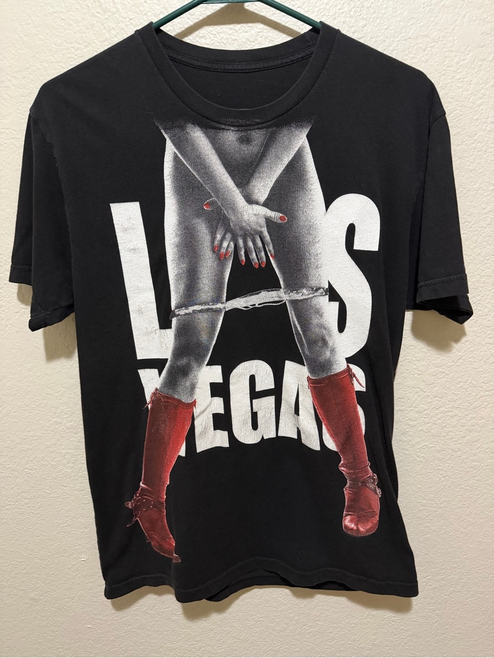 Vintage Y2K Las Vegas Graphic Tee Black White Red Boots Medium